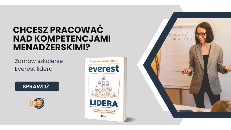 Na grafice promującej szkolenie menadżerskie widzimy uśmiechniętą kobietę prowadzącą zajęcia przy flipcharcie, na którym widnieje napis „Świadomość siebie => DISC”. Jej gesty i wyraz twarzy sugerują zaangażowanie i kompetencję trenerską. Po lewej stronie znajduje się zachęta do zamówienia szkolenia „Everest lidera”, a poniżej widoczna jest okładka książki Anny Sarnackiej-Smith o wartościach, silnym zespole i skutecznym przywództwie.