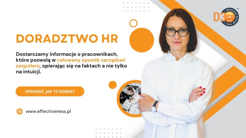 Grafika promuje usługę doradztwa HR, czyli wsparcia dla firm w lepszym zarządzaniu zespołem. Przekaz jest prosty: dzięki analizie danych o pracownikach możesz podejmować trafne decyzje – nie tylko kierując się intuicją, ale faktami. Po prawej stronie zdjęcia widzimy profesjonalnie ubraną kobietę w białej koszuli i okularach. 