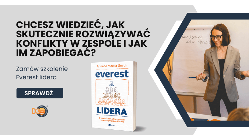 Na obrazku znajduje się reklama promująca szkolenie dotyczące rozwiązywania konfliktów w zespole. Główne hasło, umieszczone w górnej części obrazu, brzmi: „Chcesz wiedzieć, jak skutecznie rozwiązywać konflikty w zespole i jak im zapobiegać?”. Po prawej stronie obrazu widzimy Anie Sarnacką-Smith, ubraną w szary żakiet, która prowadzi prezentację przy tablicy, sugerując edukacyjny charakter oferowanego szkolenia.